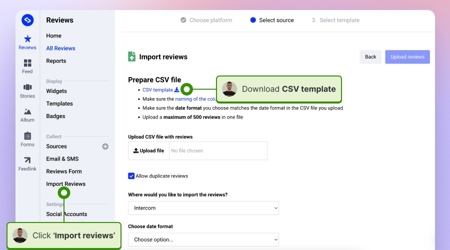 Navigating to the import reviews tab and downloading the csv file