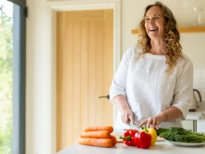 A woman with curly hair smiles whilst cutting vegetables, including carrots and peppers, in a bright kitchen.