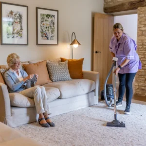 A woman in a purple uniform hoovers a light-coloured carpet while an older woman sits on a beige sofa, smiling and knitting. The lounge has decorative cushions and framed wall art.